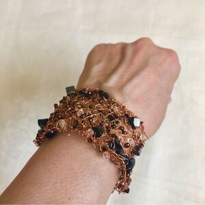 Artisan Modern Copper Tone Knit Crochet Woven Wire Mesh Cuff Black & Clear Beads
